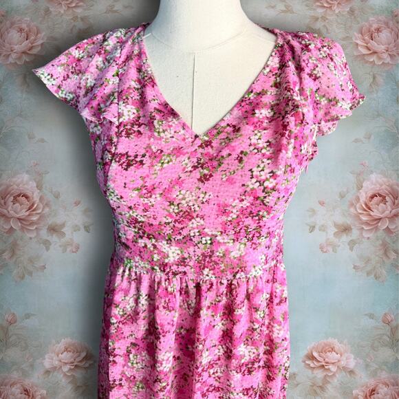 MICHAEL Michael Kors Pink Enchanted Blooms Floral V Neck Cap Sleeve Midi Dress - Picture 2 of 5